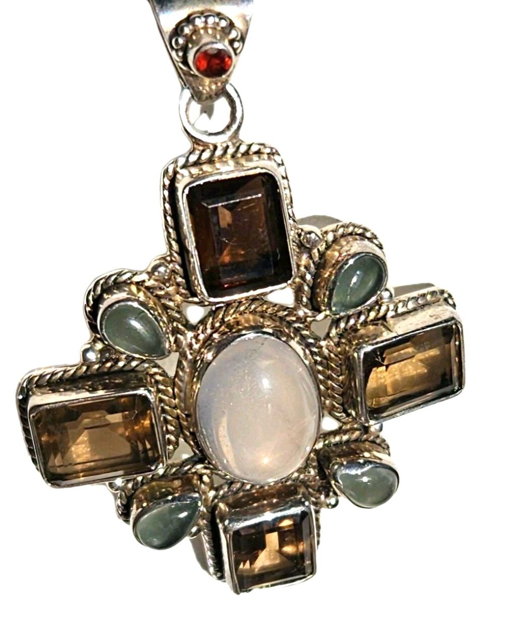 925 Sterling Silver Smoky  Aquamarine & Rose Quartz Cross Pendant Vintage